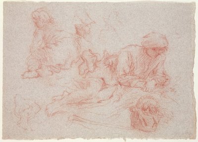 Tutkimus makuuasennosta (punainen liitu paperille) tekijältä Jean Antoine Watteau
